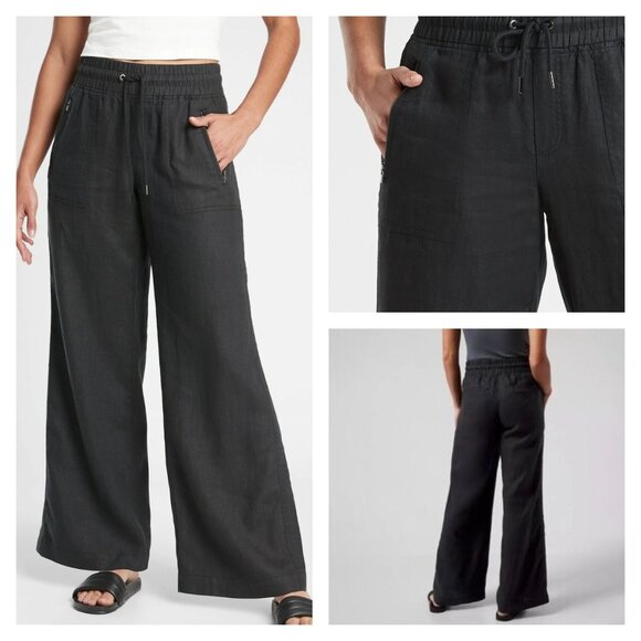 ATHLETA Black CABO 100% Linen Zip Pockets Mock Fly Wide Leg Pull On Pant - Picture 1 of 13
